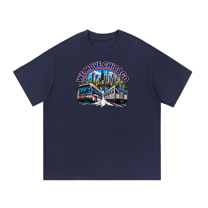 We Move Chicago Tee — navy heavyweight cotton with the CHI transit badge featuring the Chicago skyline, L train, and bus, printed on the front.