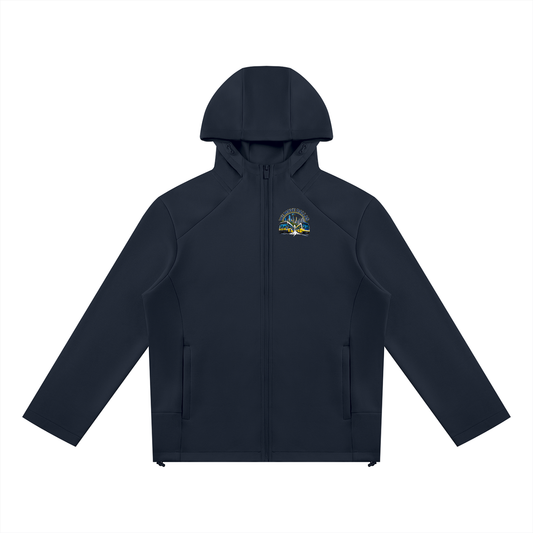 We Move Dallas Full Zip Hoodie — navy heavyweight brushed fleece with full metal zip, DAL transit badge printed on left chest and full back, featuring the Dallas skyline, DART train, and bus.