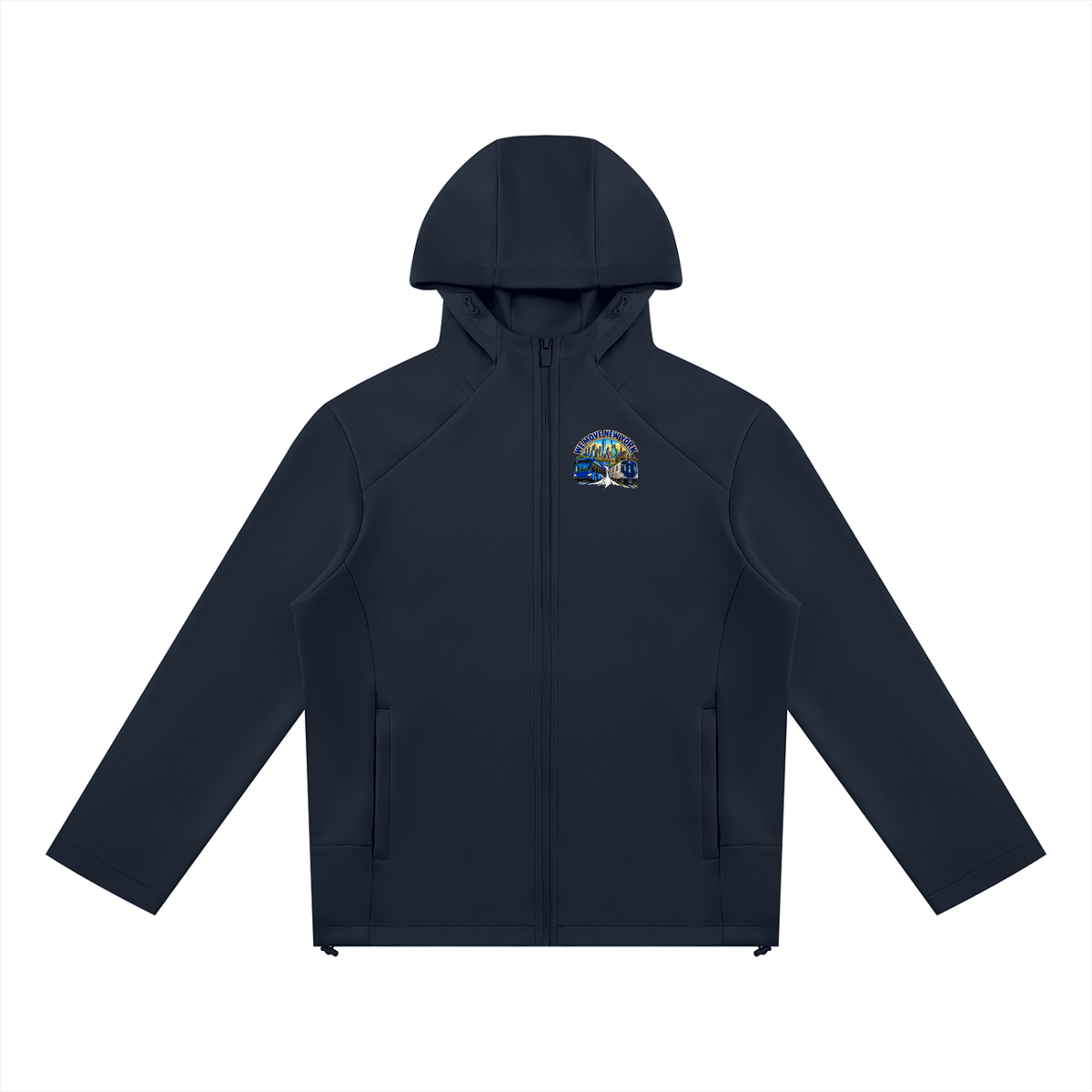 We Move Chicago Full Zip Hoodie — navy heavyweight brushed fleece with full metal zip, CHI transit badge printed on left chest and full back, featuring the Chicago skyline, L train, and bus.
