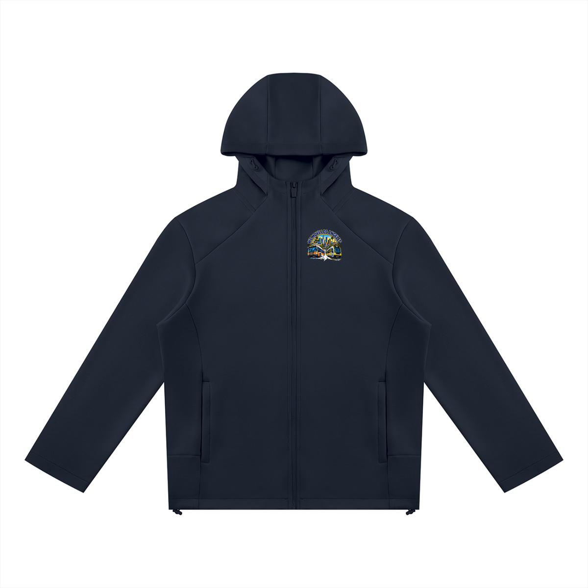 We Move Los Angeles Full Zip Hoodie — navy heavyweight brushed fleece with full metal zip, LA transit badge printed on left chest and full back, featuring the LA skyline, Metro train, and bus.