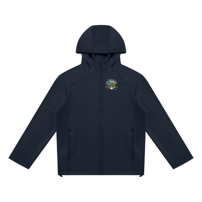We Move Los Angeles Full Zip Hoodie — navy heavyweight brushed fleece with full metal zip, LA transit badge printed on left chest and full back, featuring the LA skyline, Metro train, and bus.