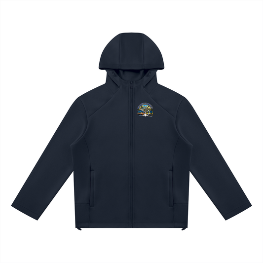 We Move Los Angeles Full Zip Hoodie — navy heavyweight brushed fleece with full metal zip, LA transit badge printed on left chest and full back, featuring the LA skyline, Metro train, and bus.