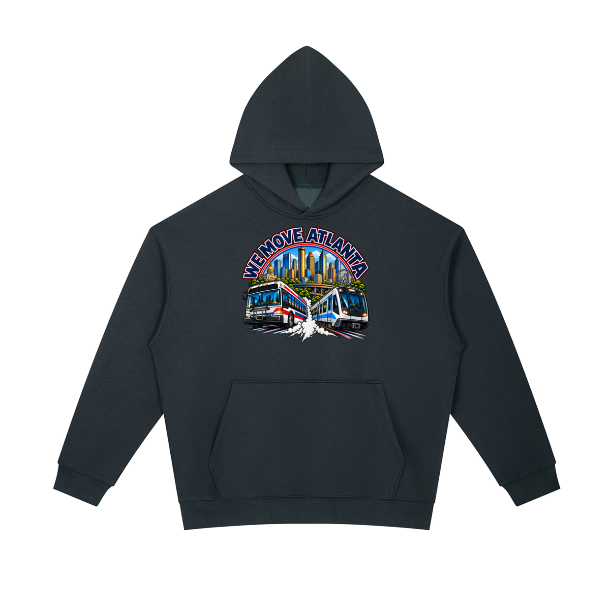 We Move Atlanta Pullover Hoodie — navy heavyweight brushed fleece with the ATL transit badge printed on left chest and full back, featuring the Atlanta skyline, MARTA train, and bus.