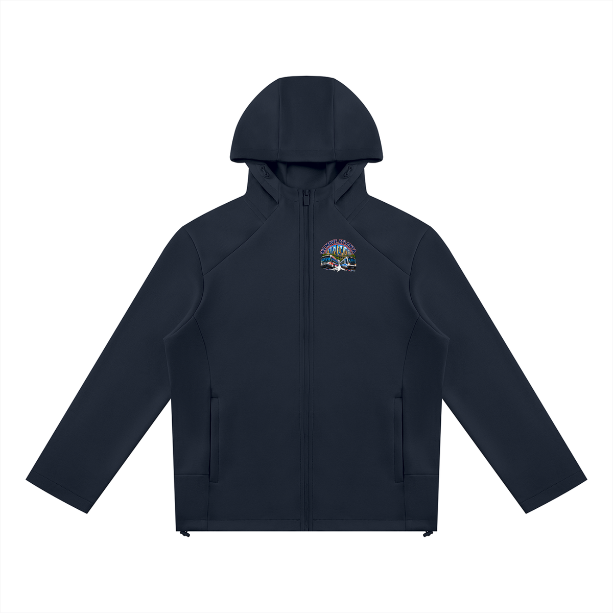 We Move Atlanta Full Zip Hoodie — navy heavyweight brushed fleece with full metal zip, ATL transit badge printed on left chest and full back, featuring the Atlanta skyline, MARTA train, and bus.