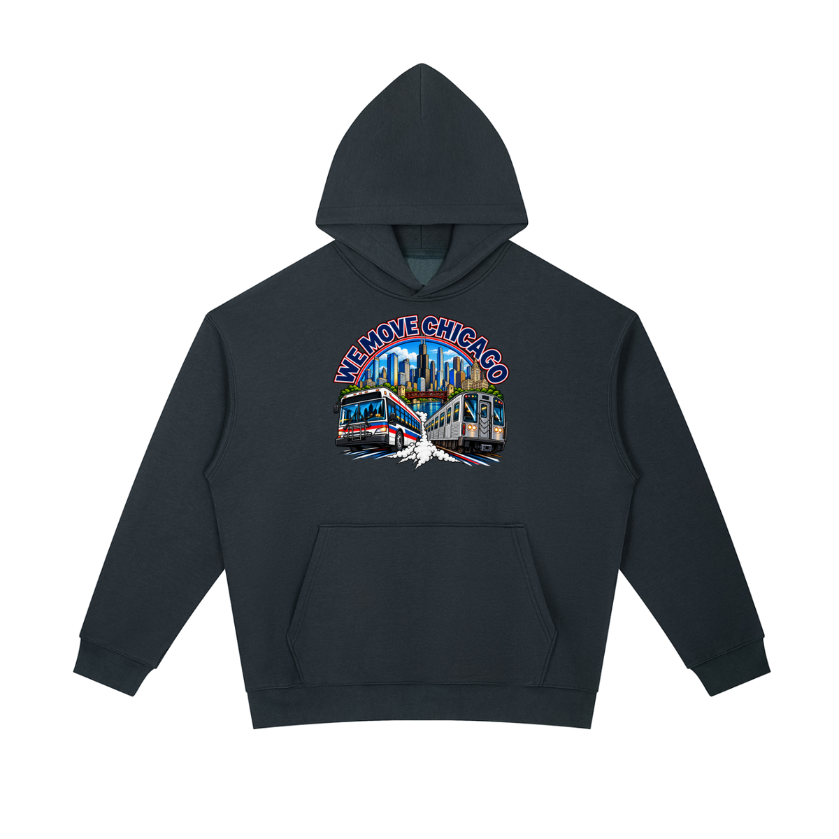 We Move Chicago Pullover Hoodie — navy heavyweight brushed fleece with the CHI transit badge printed on left chest and full back, featuring the Chicago skyline, L train, and bus.