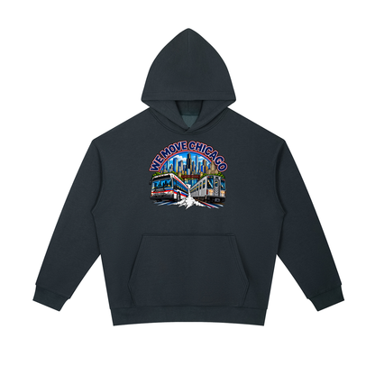 We Move Chicago Pullover Hoodie — navy heavyweight brushed fleece with the CHI transit badge printed on left chest and full back, featuring the Chicago skyline, L train, and bus.