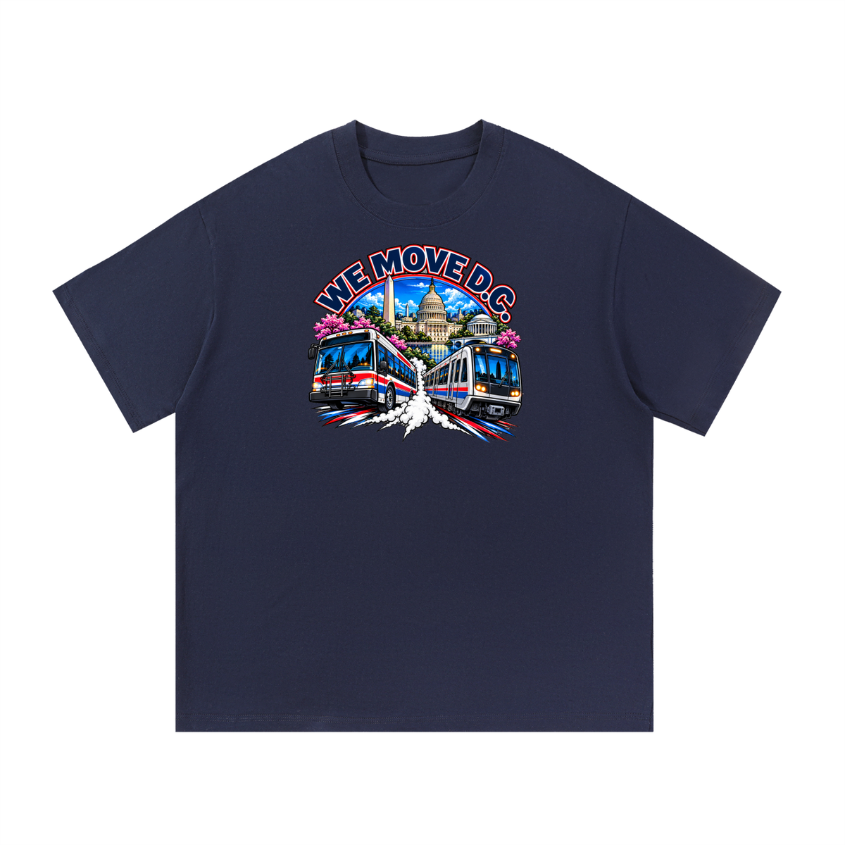 We Move DC Tee — navy heavyweight cotton with the DC transit badge featuring the Washington skyline, Metro train, and bus, printed on the front.