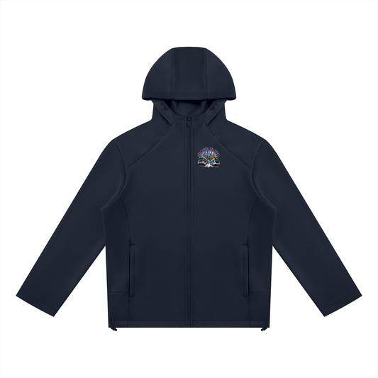 We Move DC Full Zip Hoodie — navy heavyweight brushed fleece with full metal zip, DC transit badge printed on left chest and full back, featuring the Washington skyline, Metro train, and bus.