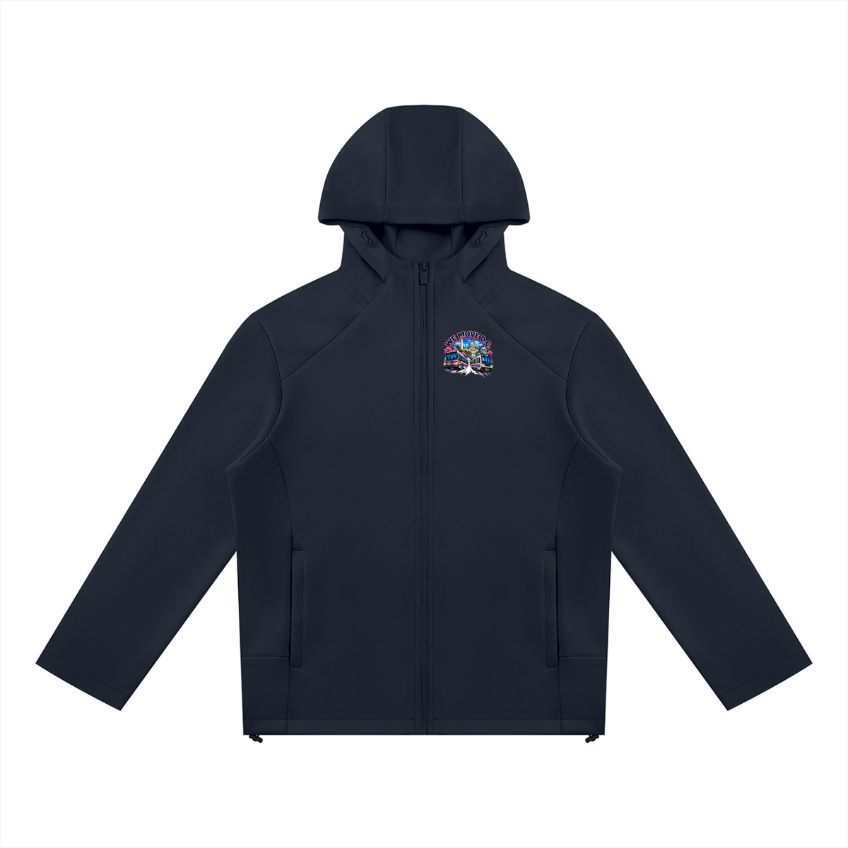 We Move San Francisco Full Zip Hoodie — navy heavyweight brushed fleece with full metal zip, SF transit badge printed on left chest and full back, featuring the SF skyline, cable car, Muni train, and bus.