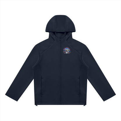 We Move San Francisco Full Zip Hoodie — navy heavyweight brushed fleece with full metal zip, SF transit badge printed on left chest and full back, featuring the SF skyline, cable car, Muni train, and bus.