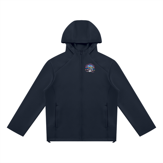 We Move San Francisco Full Zip Hoodie — navy heavyweight brushed fleece with full metal zip, SF transit badge printed on left chest and full back, featuring the SF skyline, cable car, Muni train, and bus.