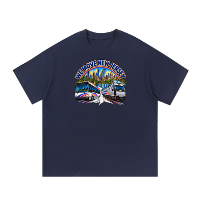 We Move New Jersey Tee — navy heavyweight cotton with the NJ transit badge featuring the Newark skyline, bridge, river, bus, and commuter train, printed on the front.
